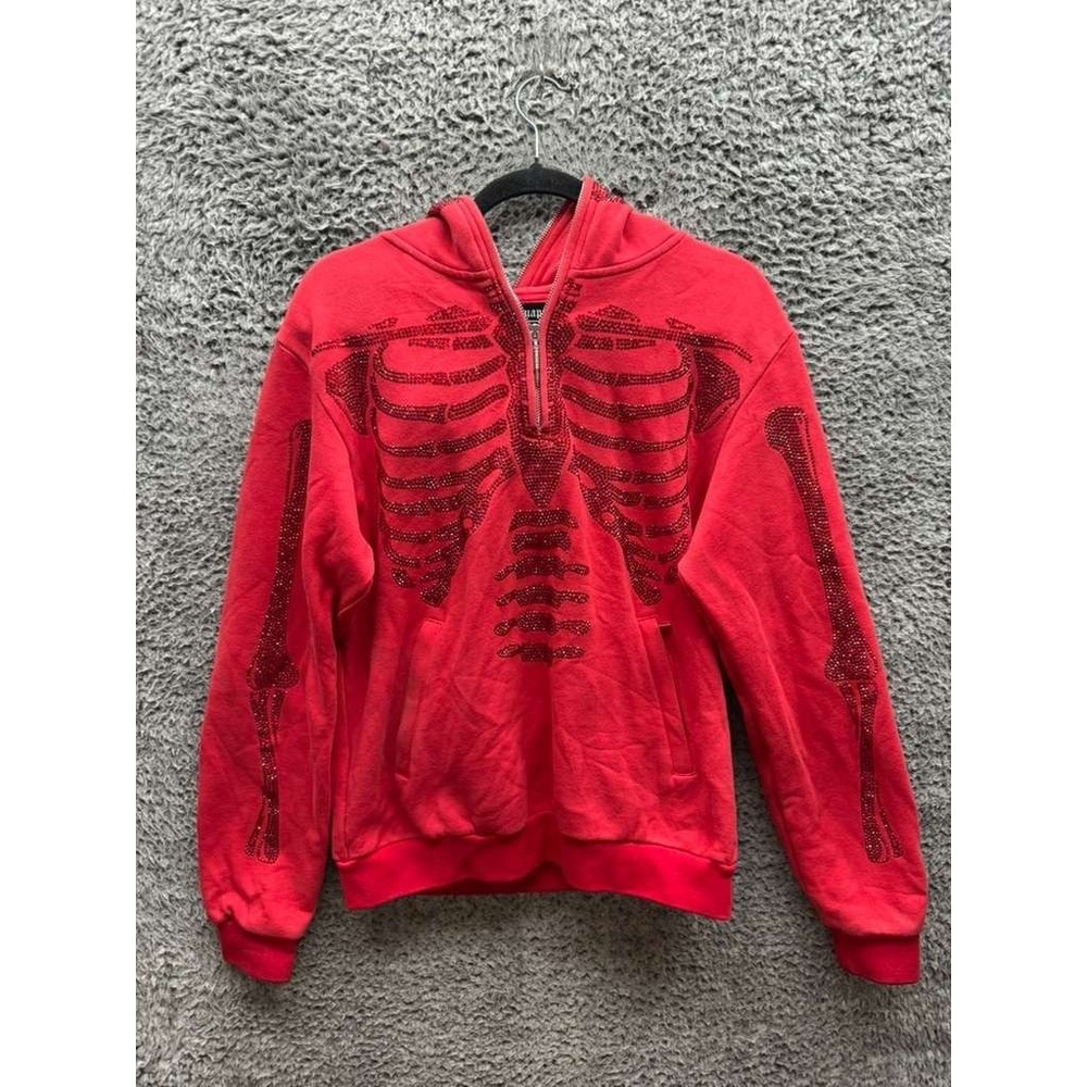 Guapi Cotton-Blend Rhinestone Skeleton‎ 1/4 Zip Pullover Hoodie Red Mens Size S